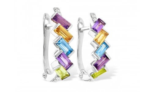 White gold huggies showcasing a myriad of colorful gemstones