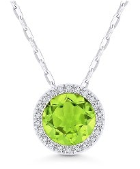 A peridot gemstone pendant from Madison L. features a sparkling halo and a 14k white gold chunky cable chain