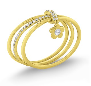 Yellow gold multi=band fashion ring with a flower charm and diamond details
