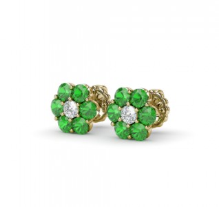 Green emeralds around a center round diamond so it looks like green flowers