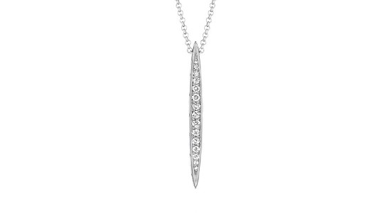 A silver necklace featuring a surfboard-shaped pendant inlaid with round cut diamonds