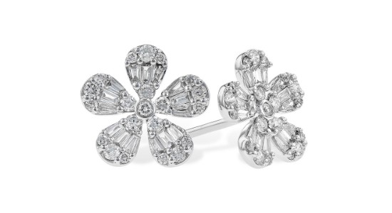 Silver flower stud earrings inlaid with diamonds of different shapes