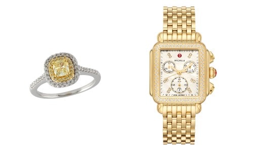 From the left: Allison-Kaufman gold diamond ring byMichele Deco 18k Gold Diamond watch