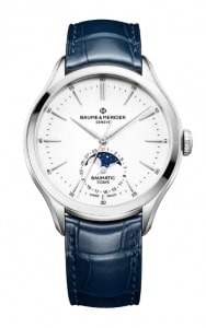 A luxury men’s watch from Baume and Mercier features a moon phase complication