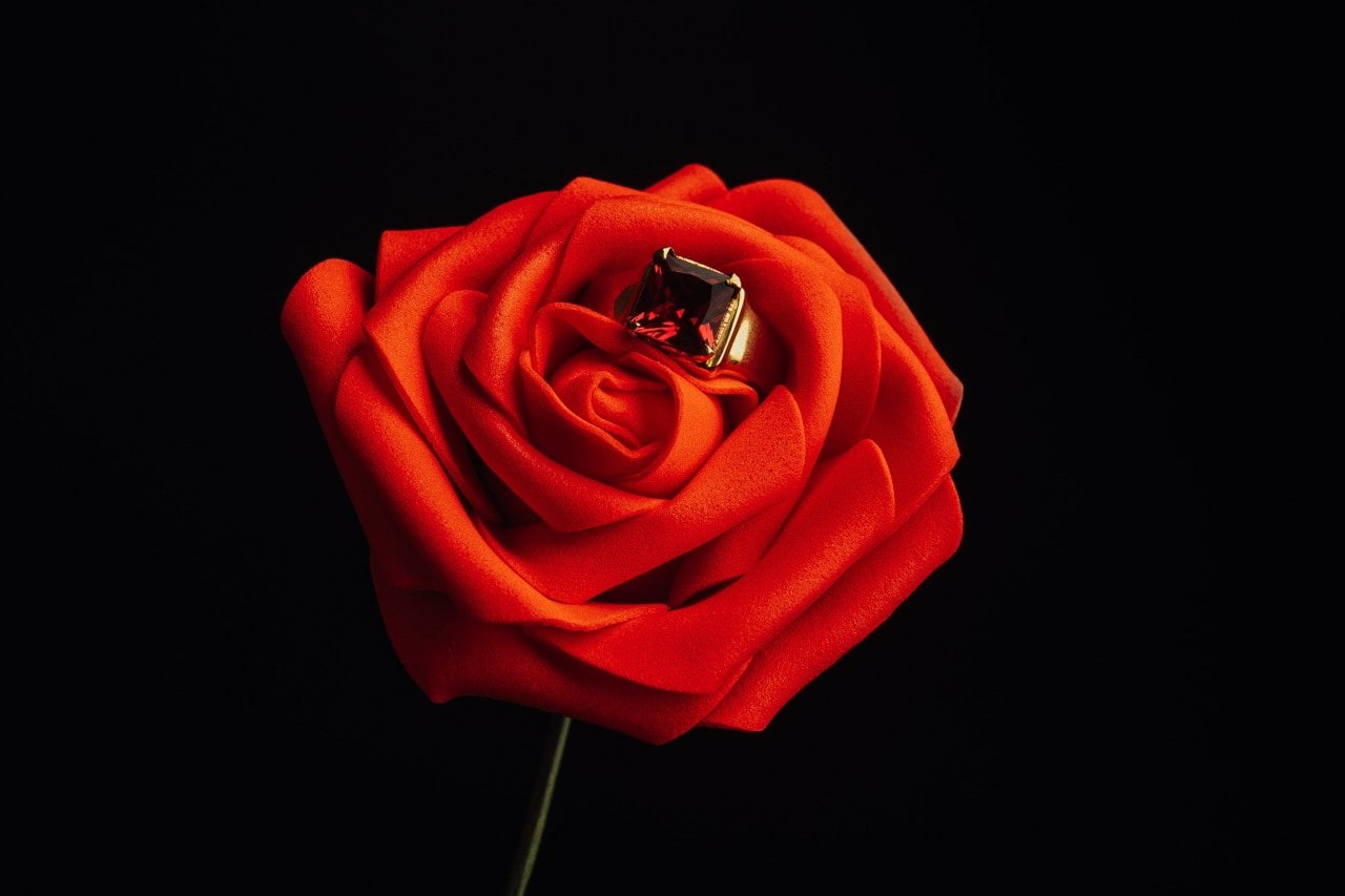 A cushion-cut ruby ring sits inside the petals of a red rose