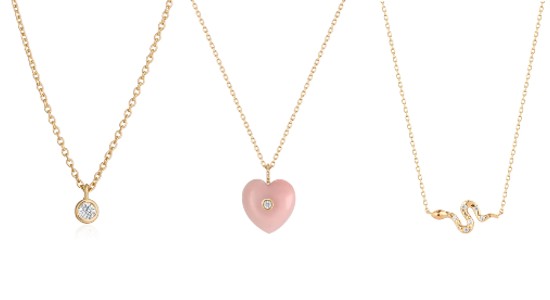 Three gold pendant necklaces in a line