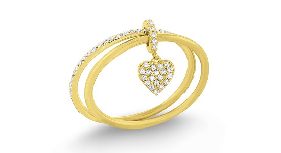 a yellow gold double band ring featuring a diamond studded heart motif