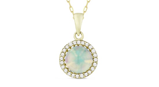 a yellow gold pendant necklace featuring a round cut opal and a halo of diamonds