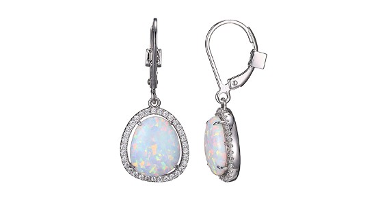 a pair of sterling silver drop earrings featuring opals surrounded by accent diamonds