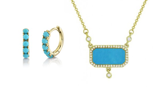 a pair of yellow gold turquoise huggies next to a yellow gold turquoise pendant necklace