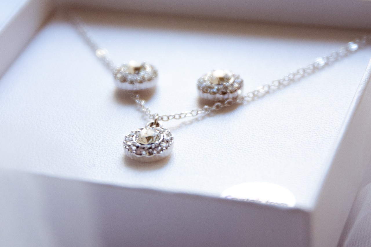 a gift set of a diamond necklace and matching stud earrings in a box.