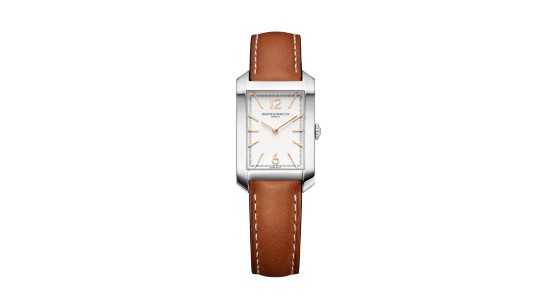 a retro inspired watch with a silver, rectangular face and brown strap