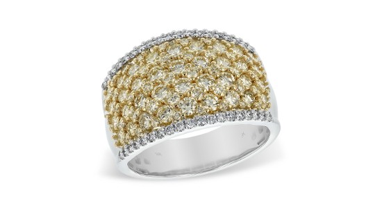 a thick banded wedding band featuring yellow diamonds and classic diamond accents