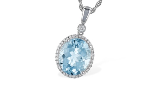 a white gold pendant necklace featuring an oval cut aquamarine center stone with diamond accents