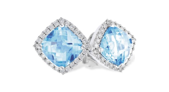a pair of white gold stud earrings featuring halo set aquamarine