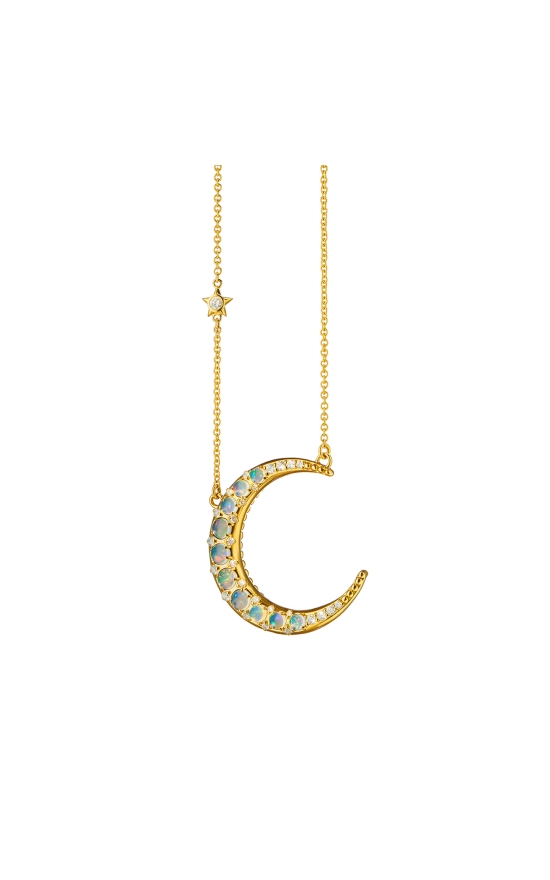 Sun, Moon and Stars Water Opal Crescent Moon Necklace in 18K Yellow Gold CH-41298